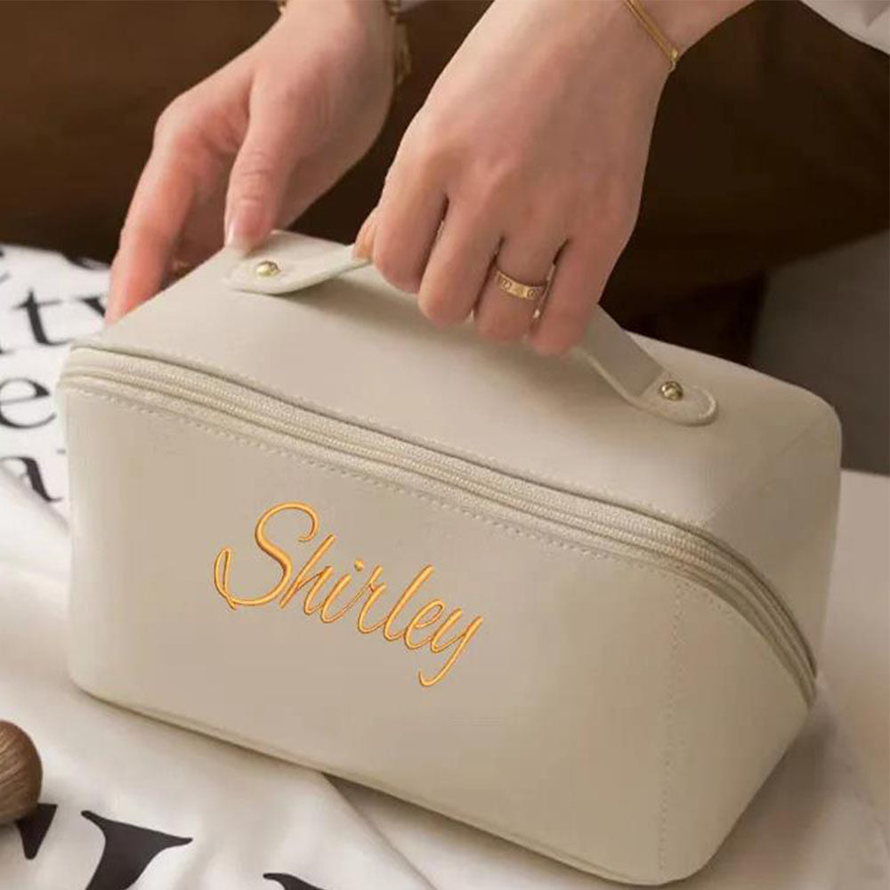 PU Leather Name Embroidered Makeup Bag