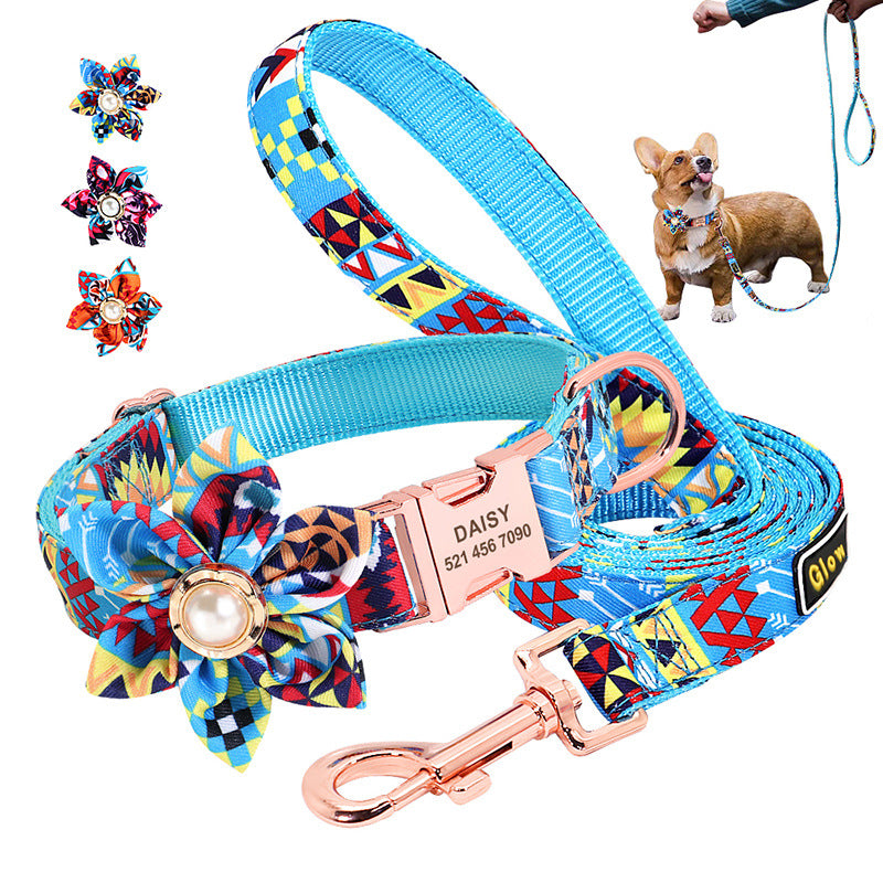 Personalized Gold Buckle Floral Pet Collar and Leash Set