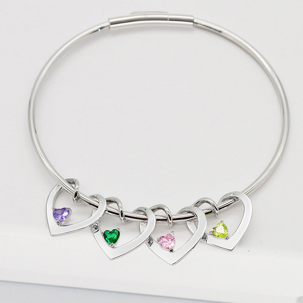 Personalized Name Birthstone Bracelet with Three Heart Charms